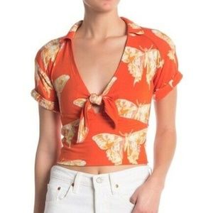 Free People NWT Women's Orange Butterfly READY SET SAIL Top, Size Large